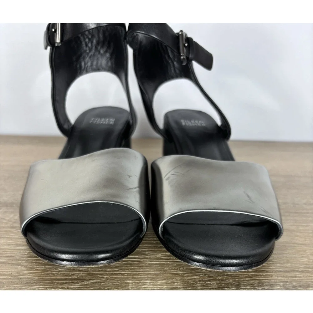 Eileen Fisher Vera Cuoio Leather Block Heel Sandals Pewter Black Womens 7.5